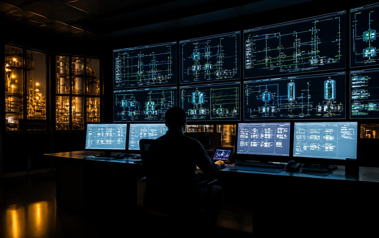 Sala de controle industrial com telas de supervisório SCADA