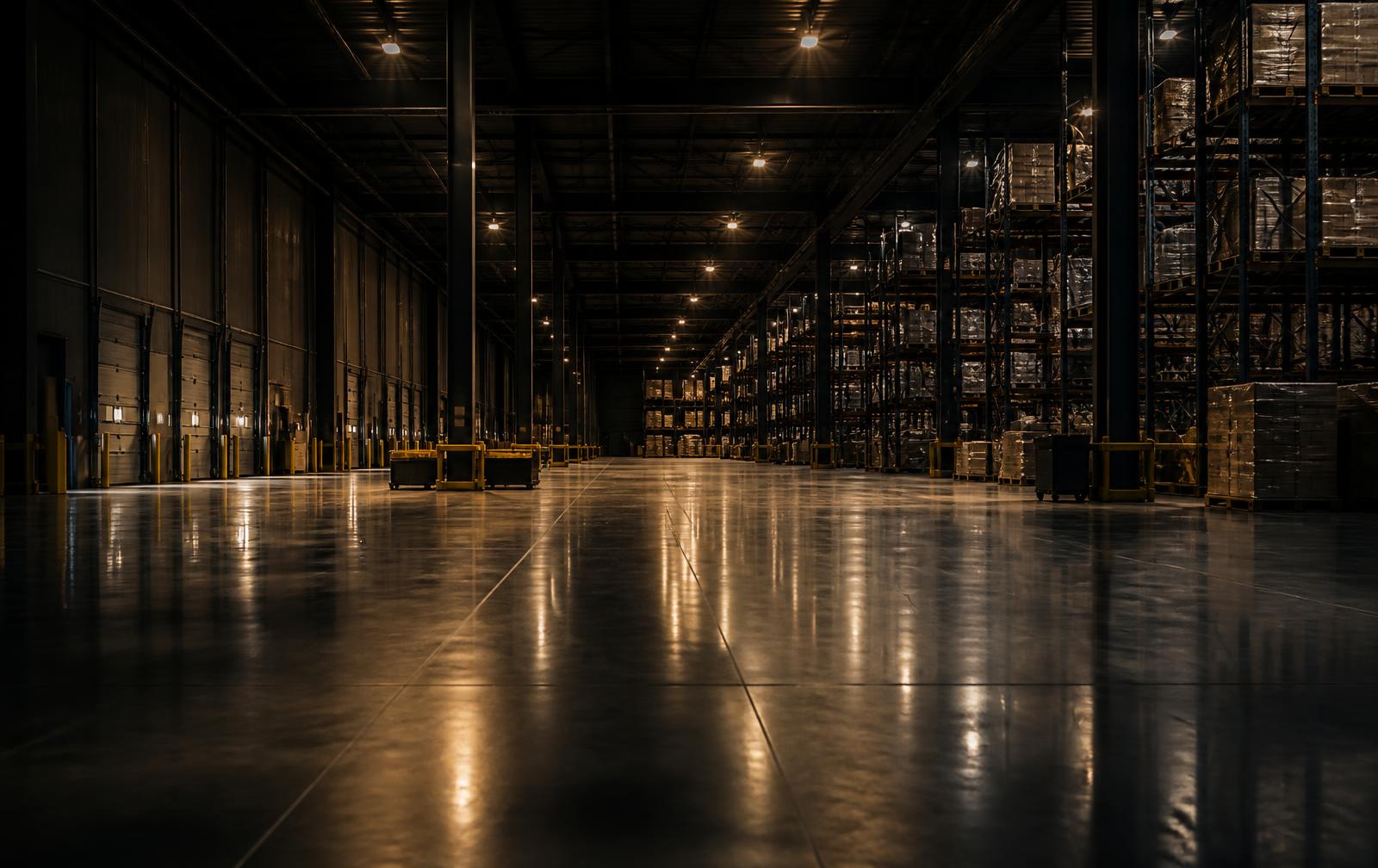 Interior de centro de distribuição logístico à noite