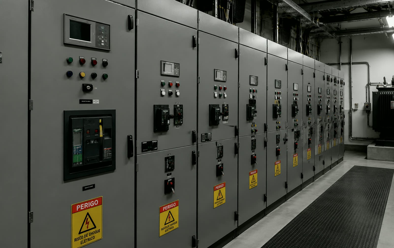 Sala de quadros elétricos de baixa tensão com disjuntores e sinalização de segurança