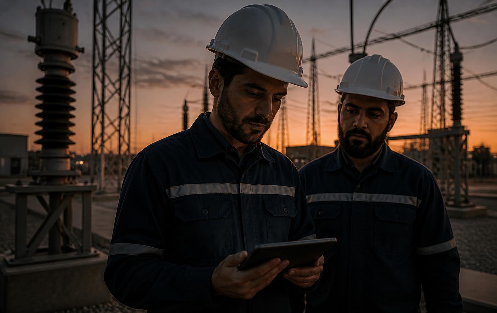 Equipe técnica da VOLTRIX em inspeção de subestação ao entardecer