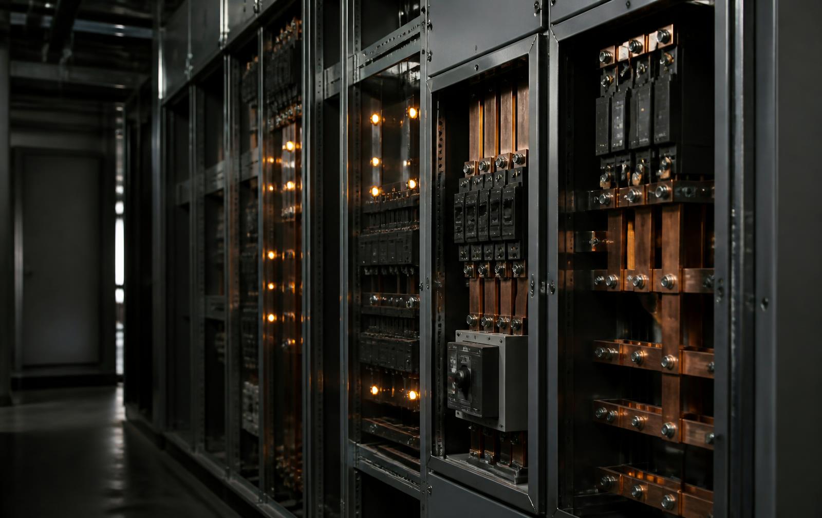 Sala de painéis elétricos com barramentos de cobre e disjuntores